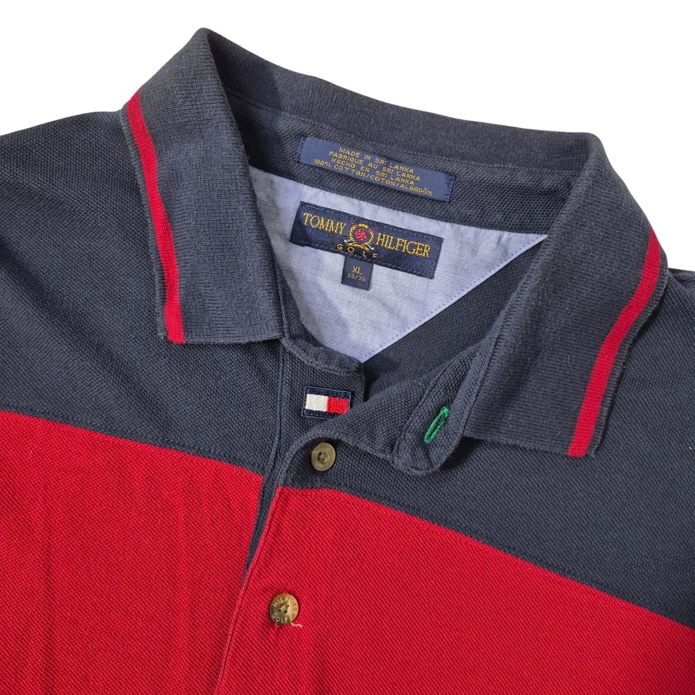 Tommy Hilfiger Polo Shirt Mens XL Navy Red Striped Short Sleeve Golf‎ Pique Vtg